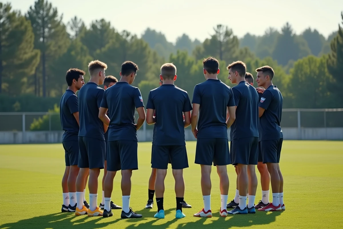 Groupe de footballeurs en cercle écoutant les consignes tactiques de leur entraîneur lors d'un entraînement du Sporting Club Aubagne Air Bel