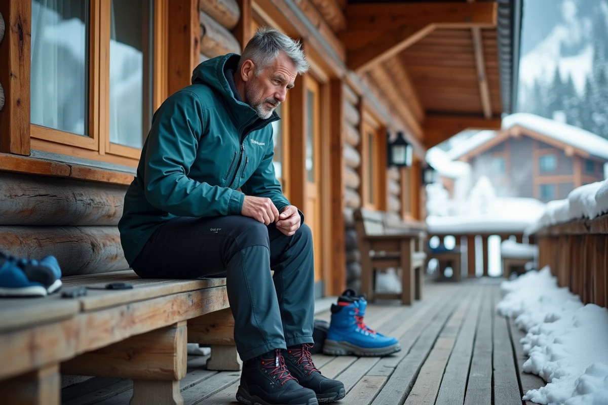 Homme enfilant un pantalon de ski isolant sur une terrasse de chalet en bois avec équipements thermiques visibles au sol