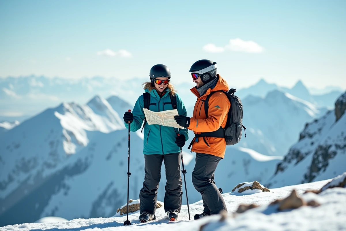 Deux skieurs en tenue complète avec casques et cache-cous consultant une carte au sommet d'une crête enneigée en haute altitude