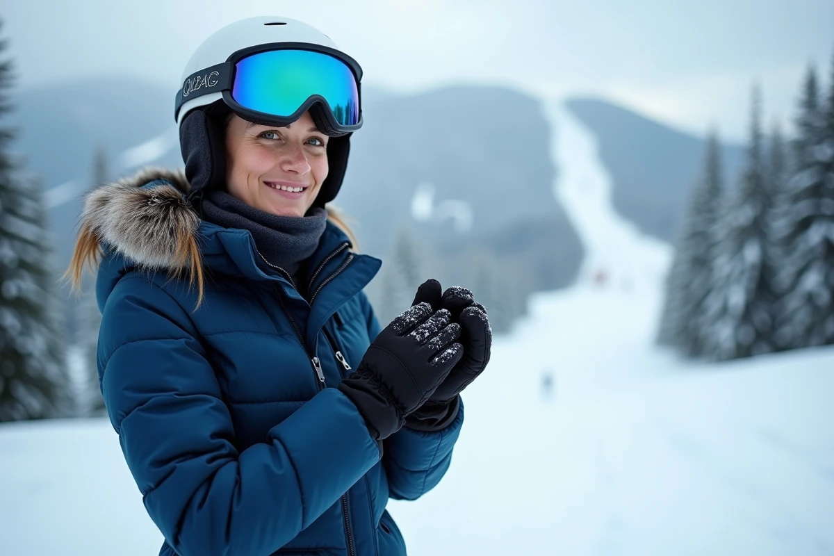 Skieuse ajustant ses gants sur une piste enneigée vêtue d'une veste de ski technique bleue marine avec coutures matelassées visibles