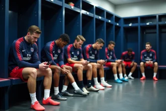 Groupe de joueurs PSG en entraînement dans le vestiaire
