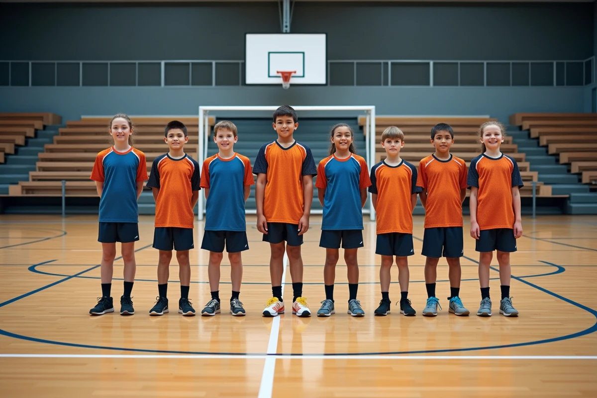 Groupe de jeunes handballeurs souriants dans un gymnase