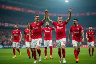 Joueurs lyonnais en célébration sur le terrain