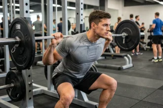 Jeune homme effectuant un squat avec une mauvaise posture au squat rack dans une salle de musculation
