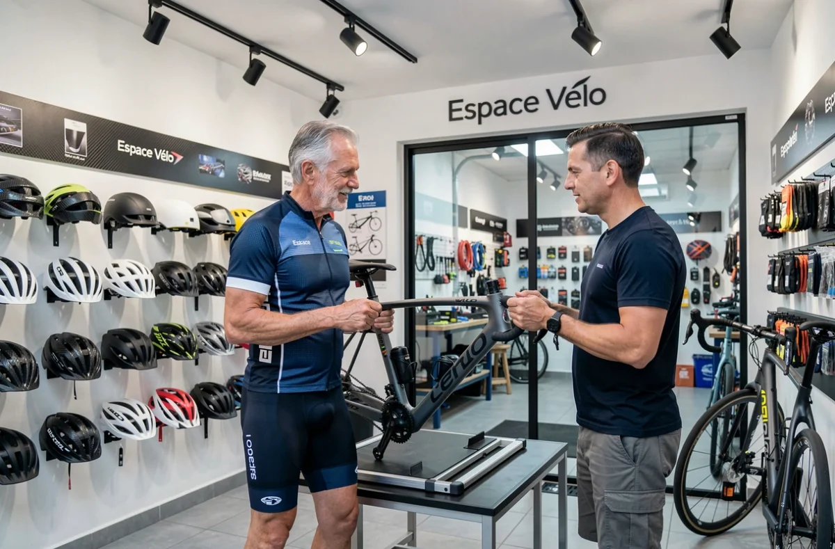 Cycliste passionné discutant d'un vélo de route haut de gamme avec un technicien dans le magasin spécialisé Espace Vélo