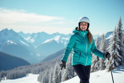 Jeune étudiante en tenue de ski au sommet des pistes de La Plagne, souriante avec un forfait ski économique