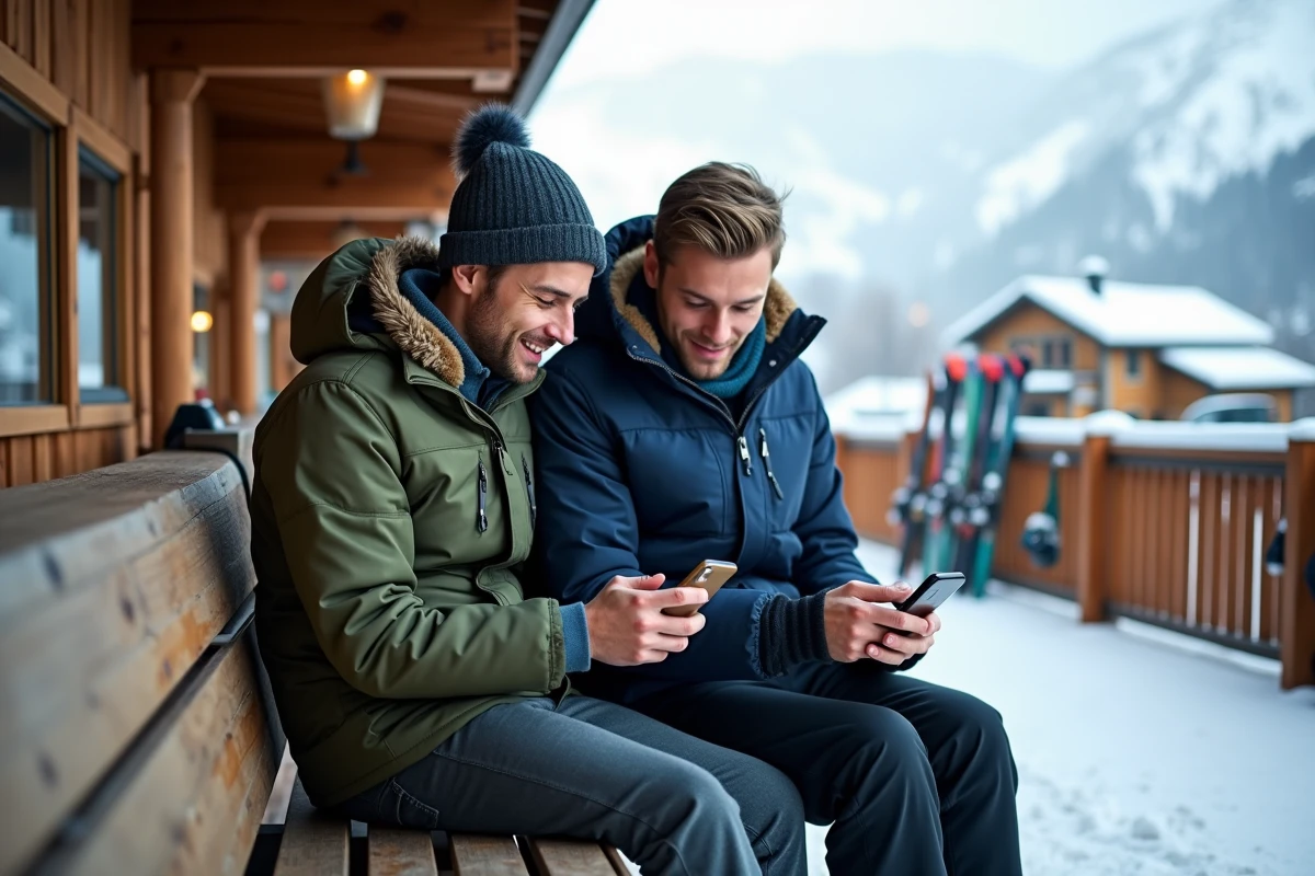 Deux étudiants consultant les tarifs de forfait ski La Plagne sur smartphone en terrasse de chalet