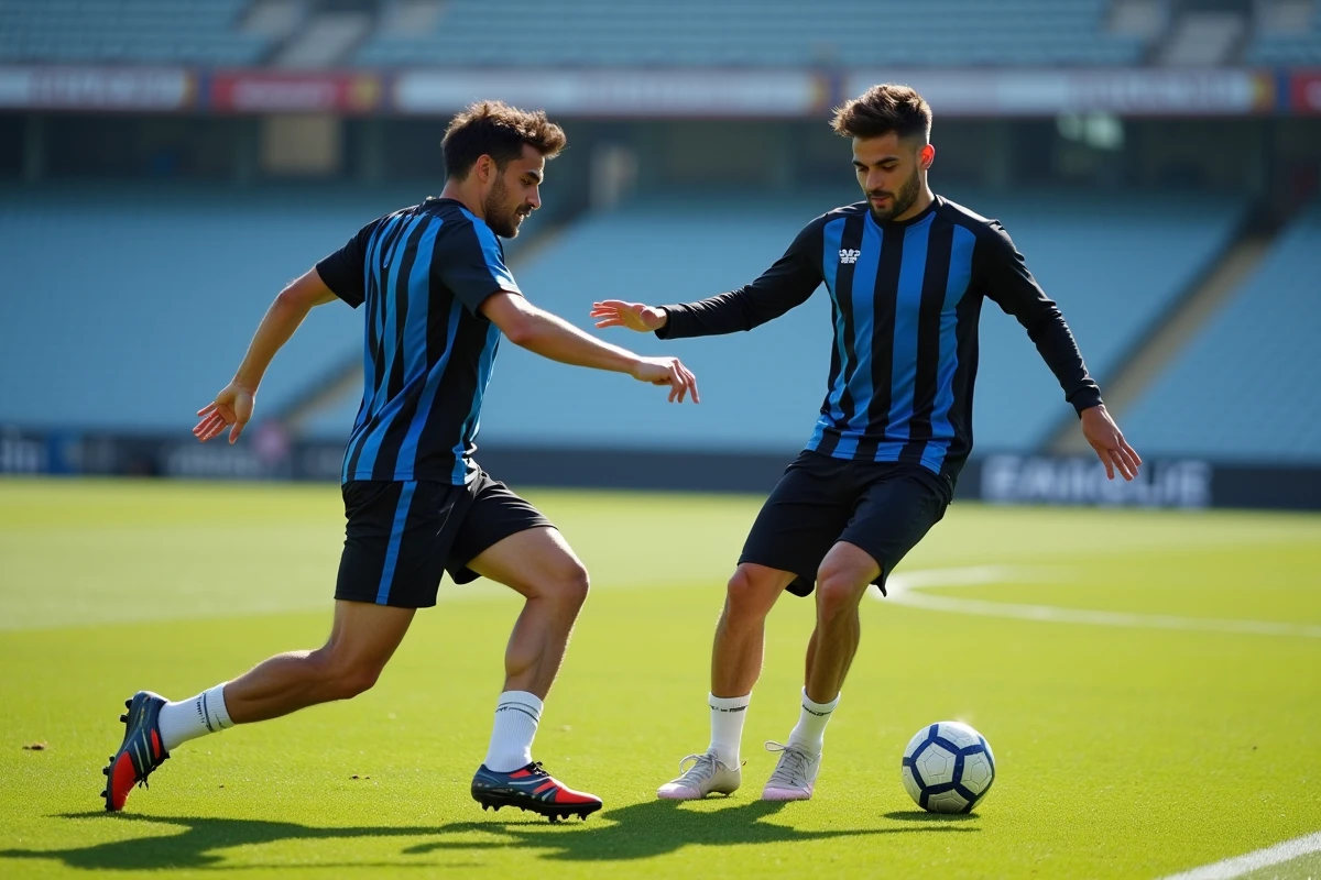Deux footballeurs en maillot entraînement Inter Milan exécutant un exercice de pressing tactique sur terrain professionnel