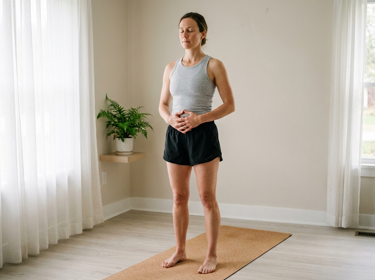 Femme pratiquant des exercices de respiration et de gainage périnéal à domicile avant la reprise sportive