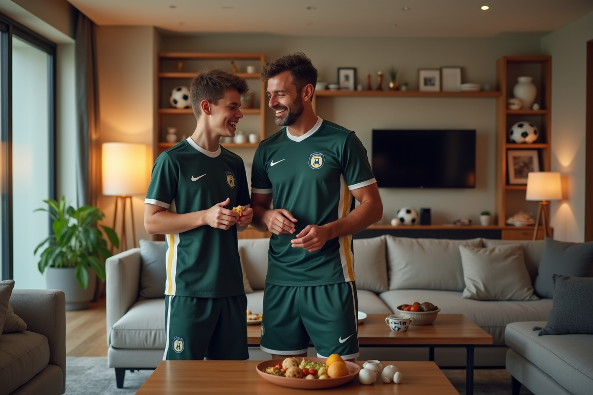 Père et fils en maillots de football préparant des snacks
