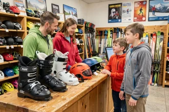 Famille avec enfants en train de choisir leur matériel de ski au comptoir d'un magasin de location dans une station alpine