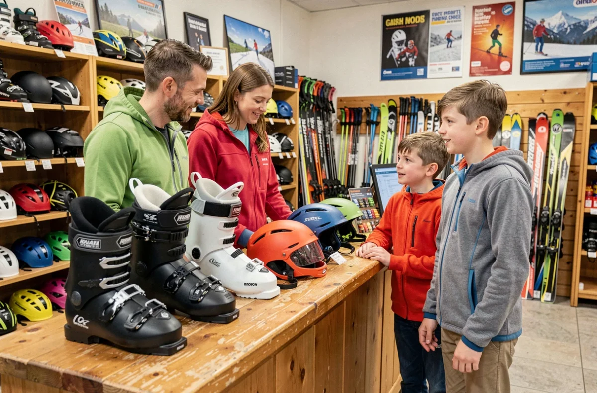 Famille avec enfants en train de choisir leur matériel de ski au comptoir d'un magasin de location dans une station alpine