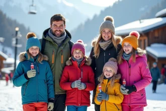 Famille souriante aux skis devant les montagnes enneigees