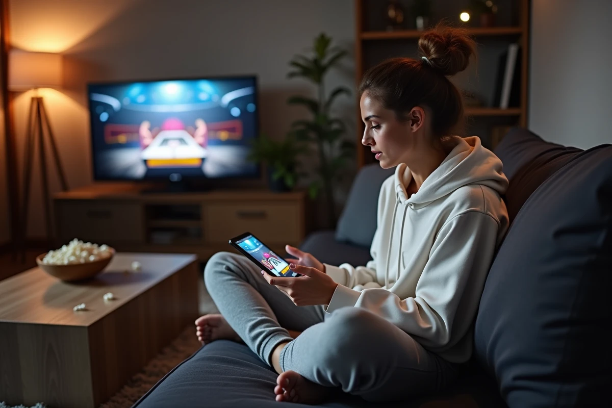 Femme consultant les résultats du WWE Saturday Night Main Event sur une tablette dans son salon