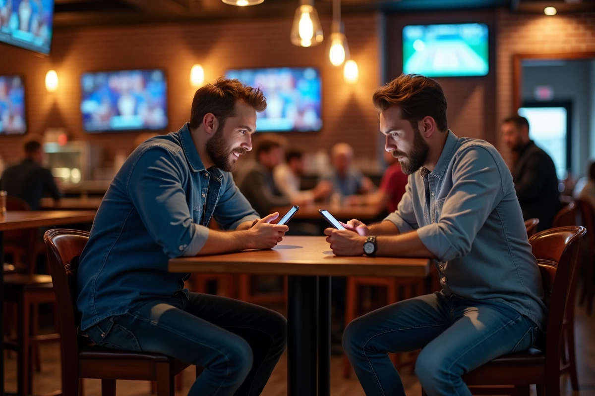 Deux fans discutant des résultats du WWE Saturday Night Main Event dans un bar sportif autour d'un smartphone