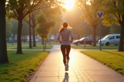 Femme active marchant dans un parc urbain au matin