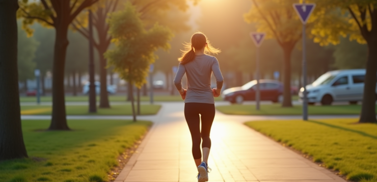 Femme active marchant dans un parc urbain au matin