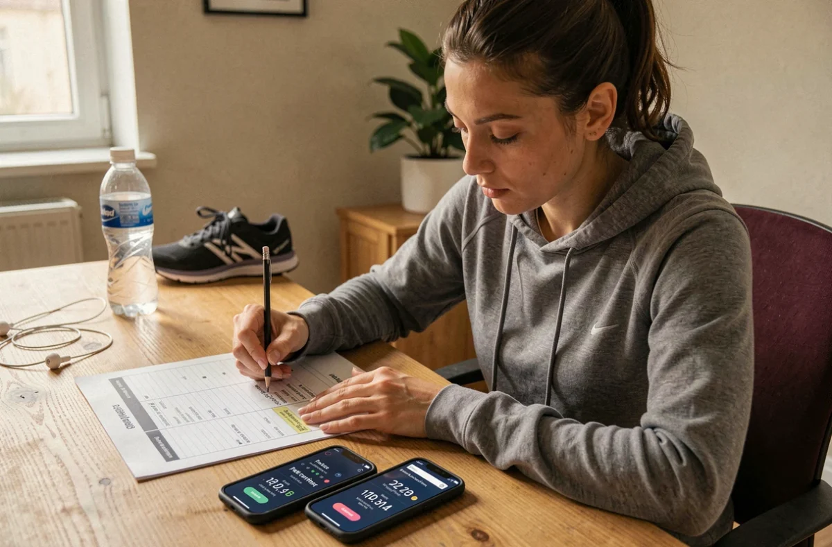 Femme athlète consultant un convertisseur min km en km/h sur smartphone à son bureau d'entraînement