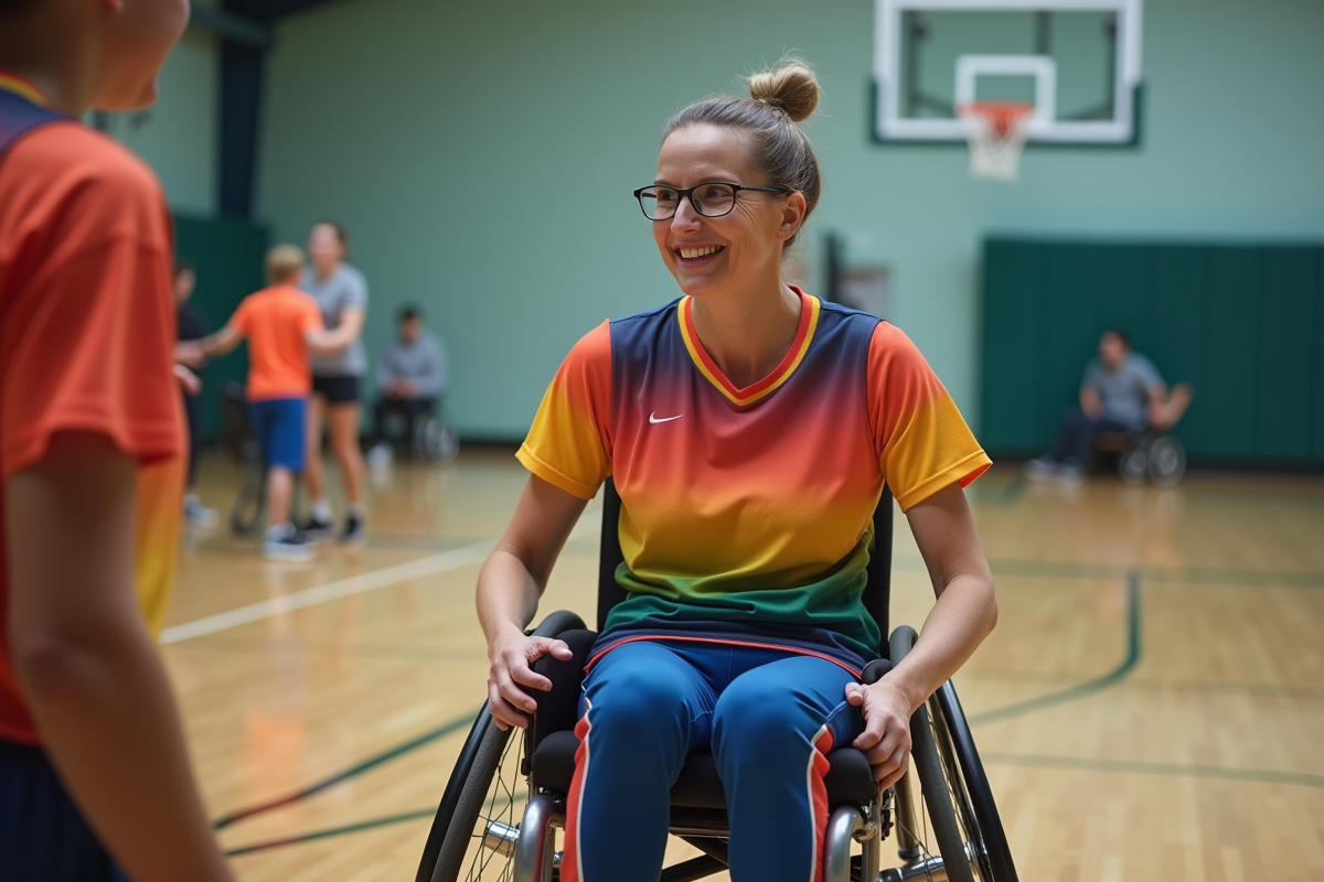 Femme en fauteuil jouant au basketball en salle