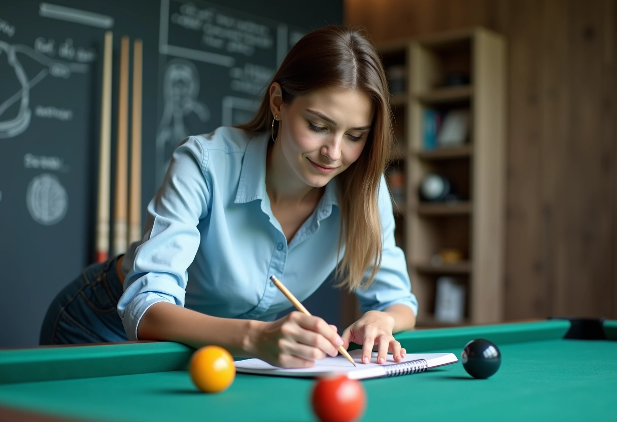 Jeune femme étudie un diagramme de billard sur un carnet