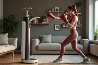 Femme en tenue de sport boxant devant une machine de boxe à domicile