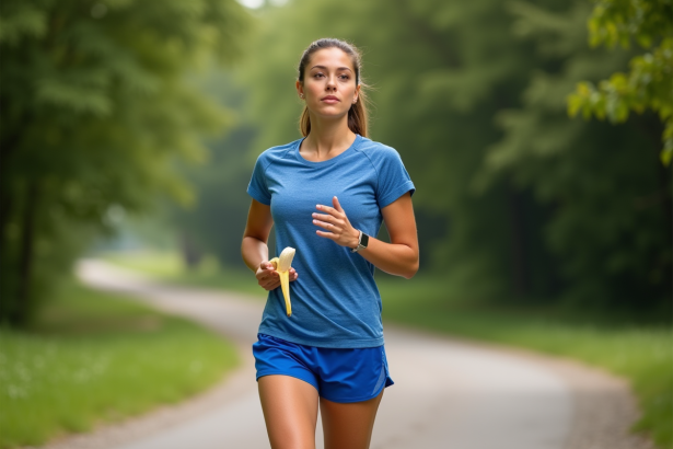 Jeune femme sportive avec banane en main dans un parc