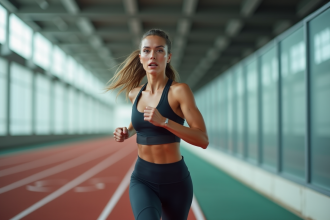 Femme sportive en sprint sur piste intérieure moderne