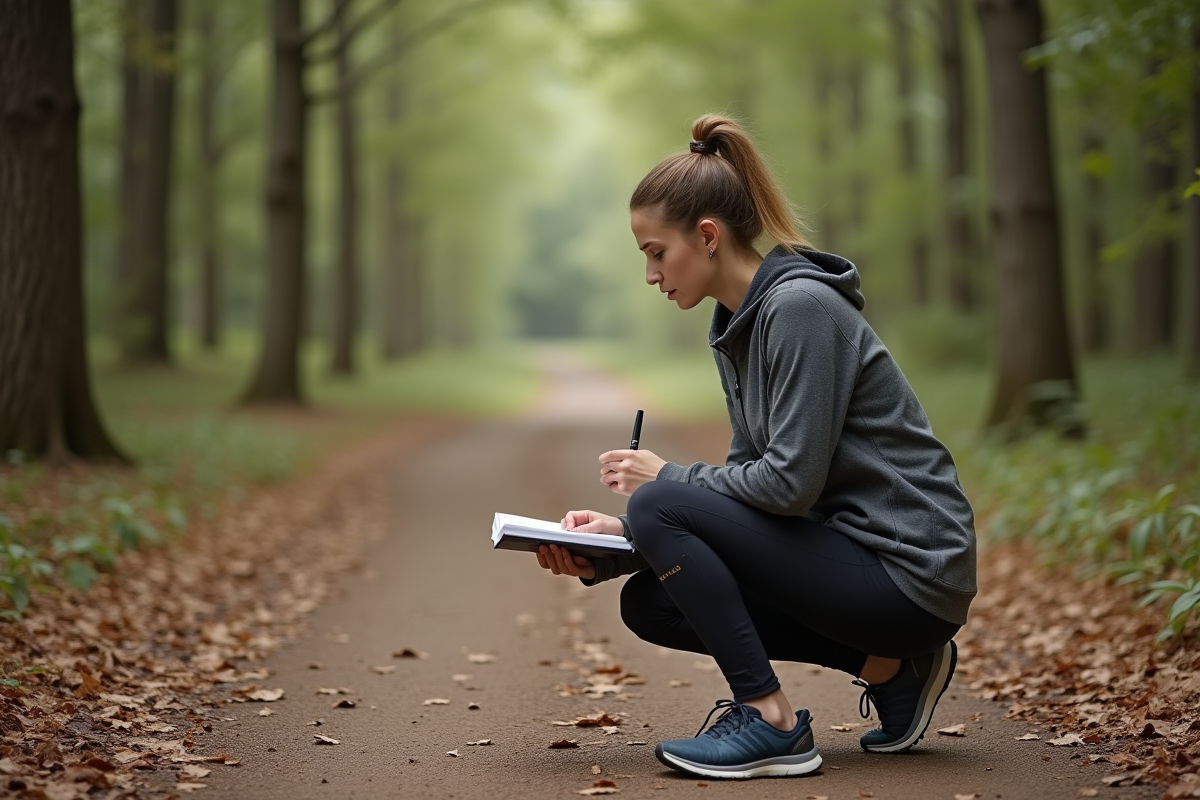 Jeune femme notant ses pas sur un sentier forestier