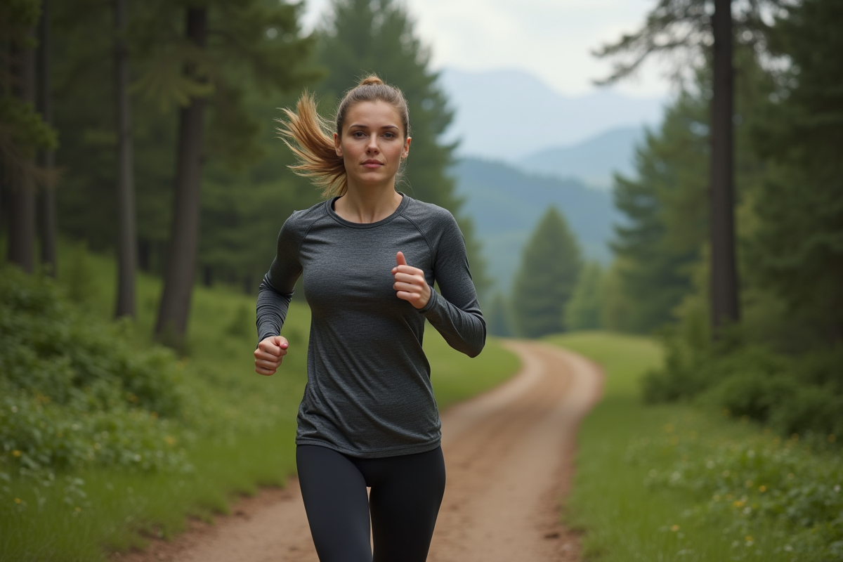 Jeune femme courant en forêt avec détermination