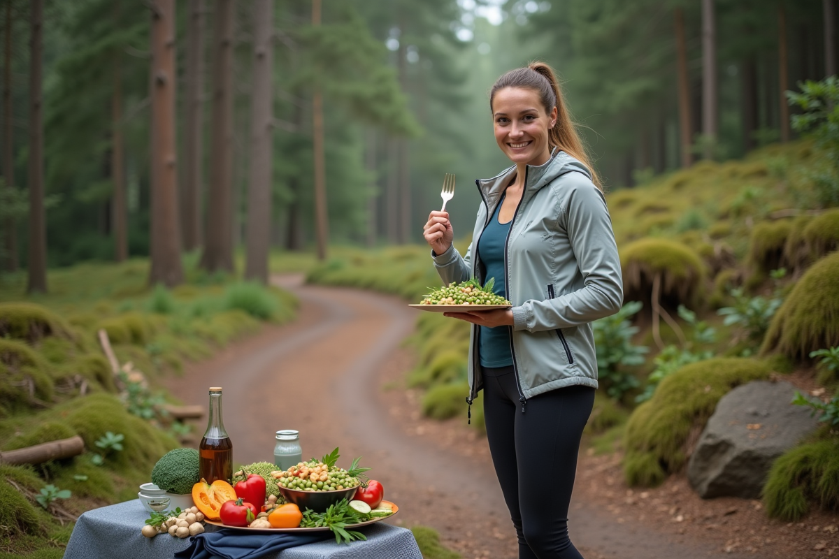 Femme coureuse souriante avec legumes dans la nature