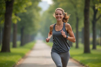 Femme souriante en jogging dans un parc vert au matin