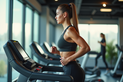 Femme sportive courant sur un tapis dans une salle lumineuse