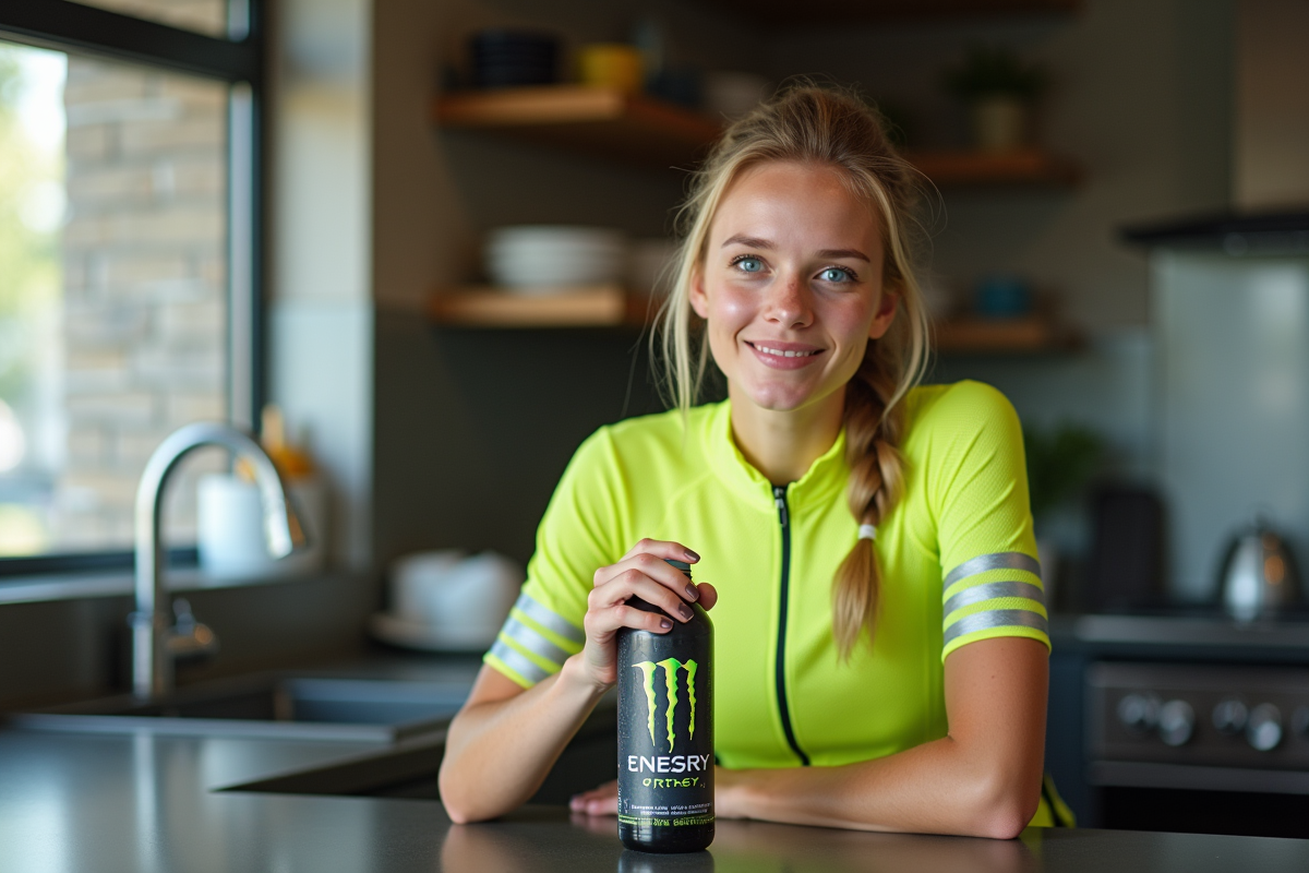 Jeune femme cycliste dans sa cuisine avec boisson énergisante