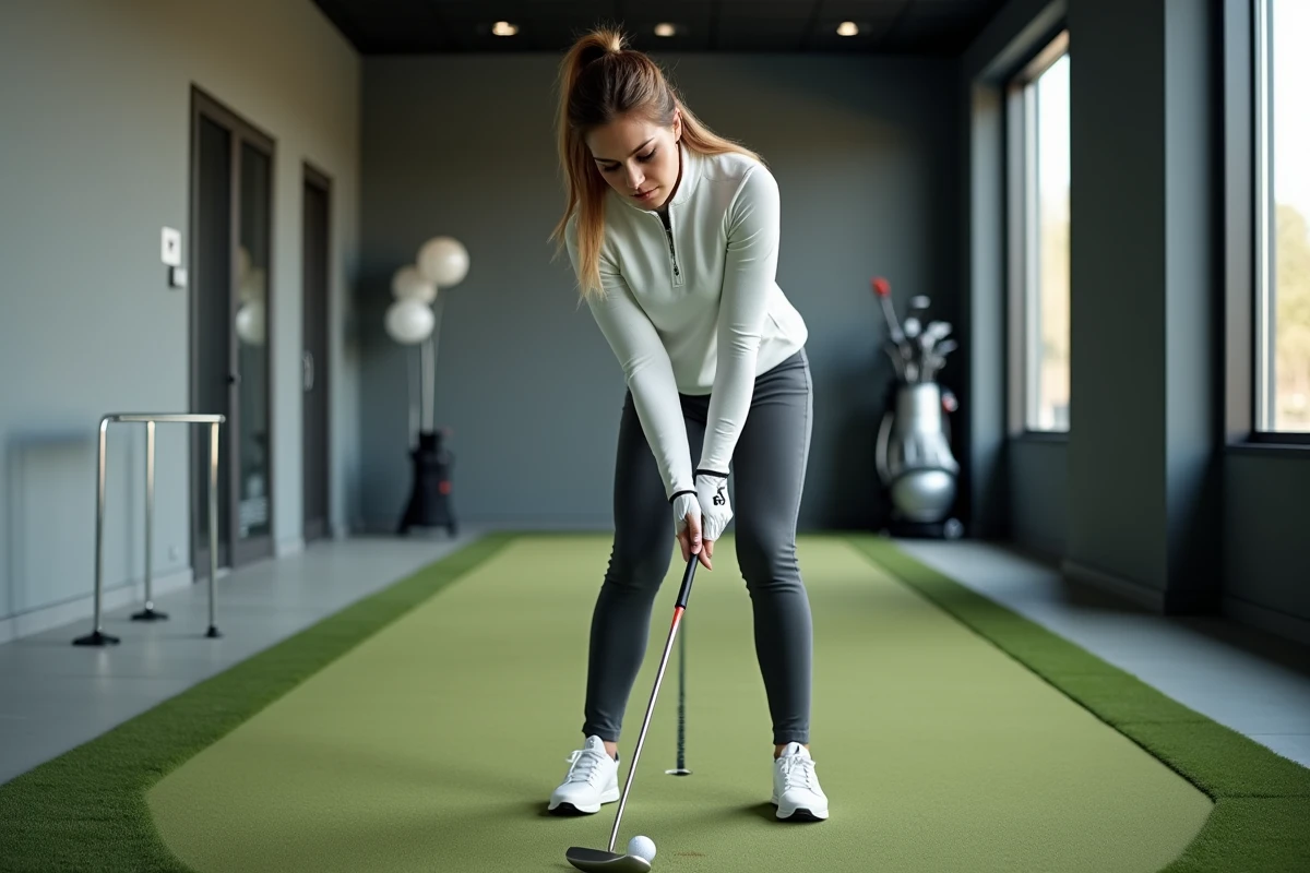 Femme débutante s'entraînant au putting en salle sur un tapis d'entraînement golf