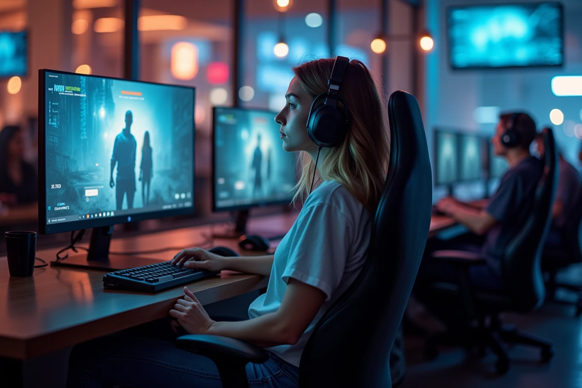 Femme déçue retirant son casque dans un café internet animé