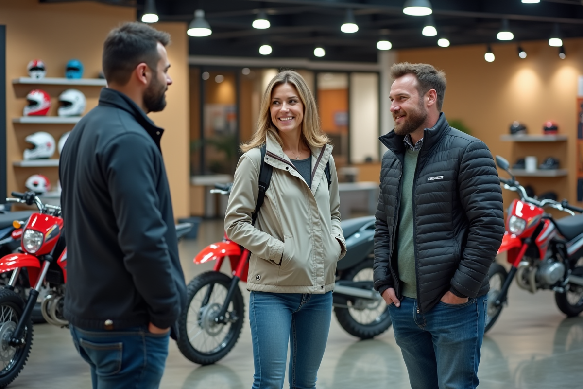 Femme parle avec vendeur près de motos 125cc en showroom