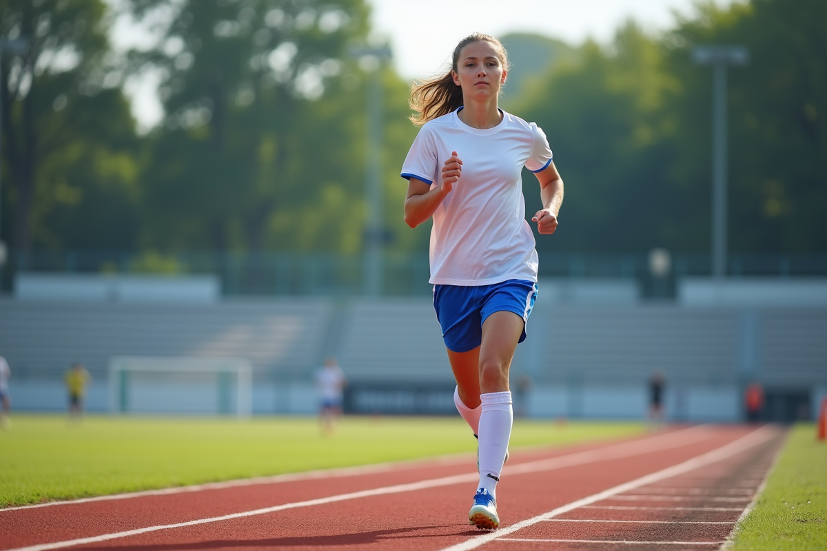 Jeune femme footballeuse en échauffement sur la piste