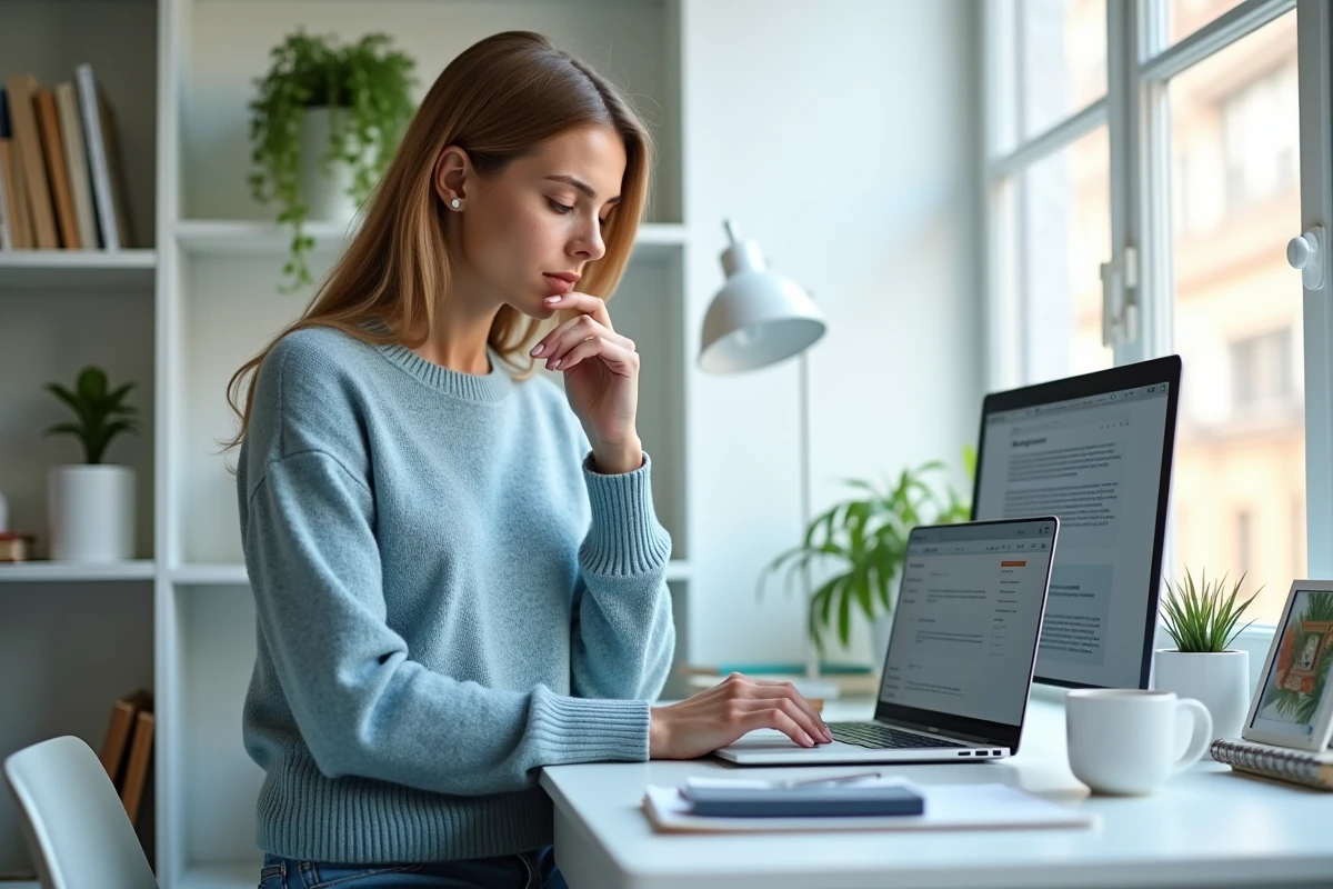 Femme lisant des avis sur un ordinateur dans un bureau lumineux