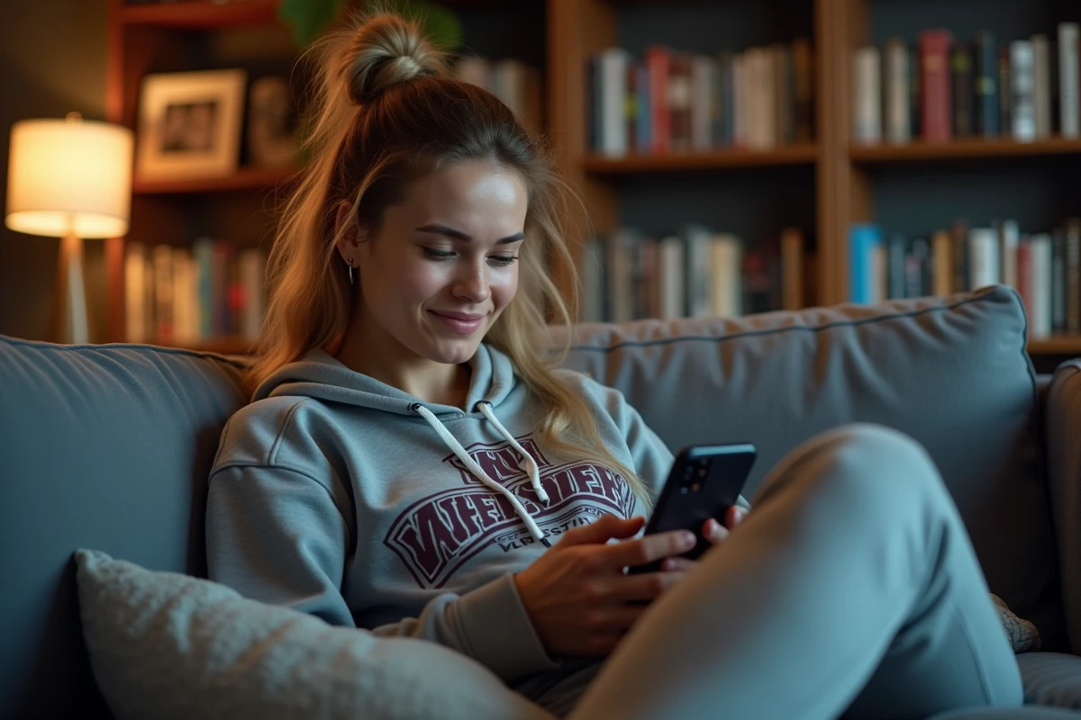 Femme détendue sur le canapé en train de lire un forum catch