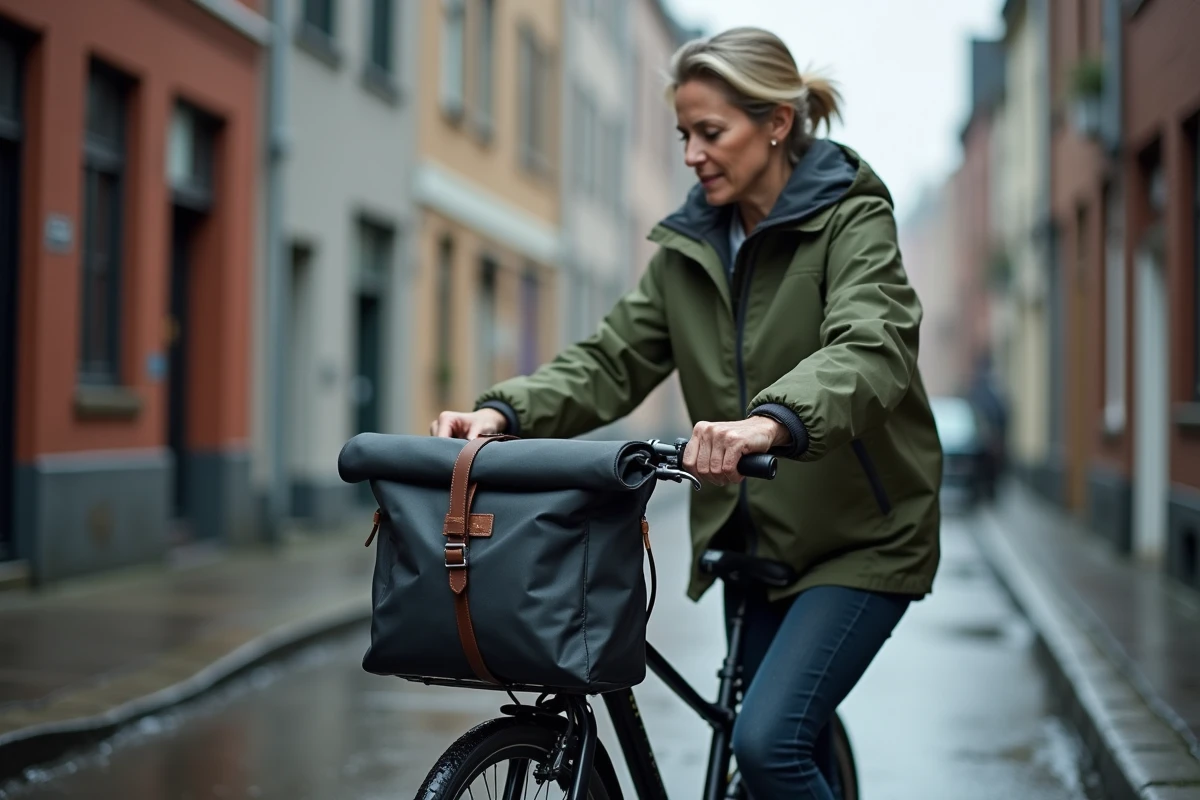 Femme fixant un panier vélo en toile synthétique imperméable sur son vélo de ville sous la pluie dans une ruelle urbaine
