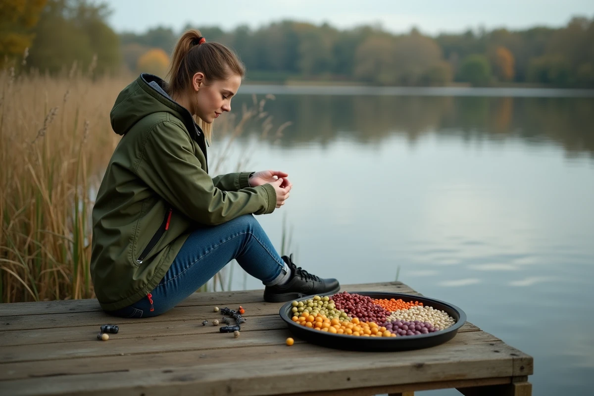 Jeune femme examine un boilie sur un ponton