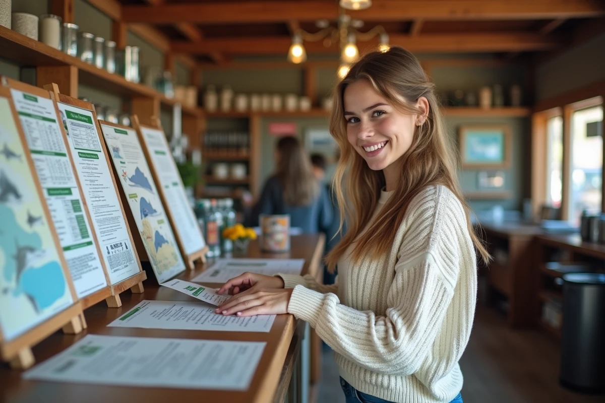Jeune femme examine permis de pêche dans un magasin