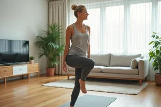 Femme en leggings faisant un exercice de Pilates dans un salon lumineux