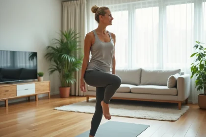 Femme en leggings faisant un exercice de Pilates dans un salon lumineux