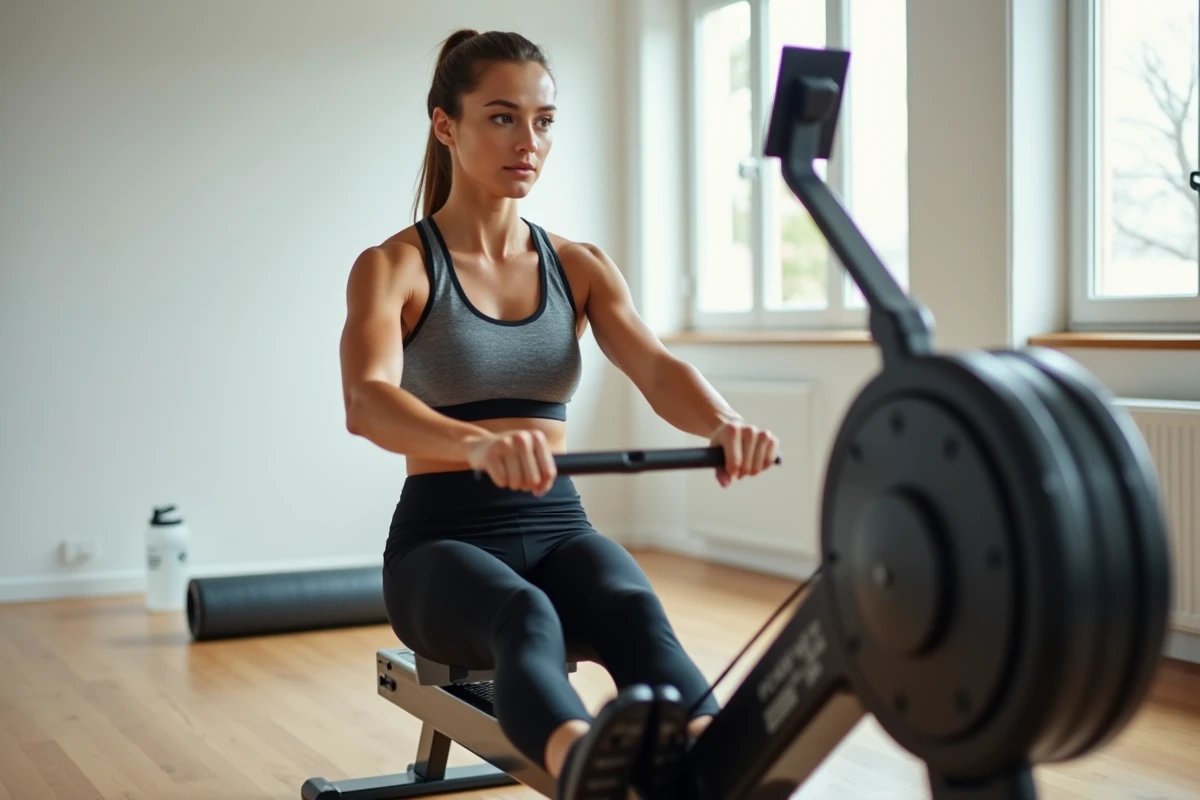 Femme en plein effort sur rameur ergomètre, corps entier activé, muscles abdominaux et jambes en extension