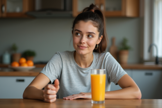 Femme souriante avec jus d'orange frais dans une cuisine moderne