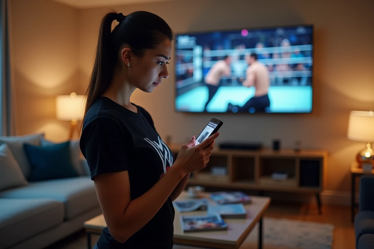 Femme parcourant des spoilers WWE sur son smartphone dans un salon avec une émission de catch en pause sur l'écran
