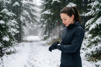 Jeune femme en course hiver vérifiant sa montre sportive