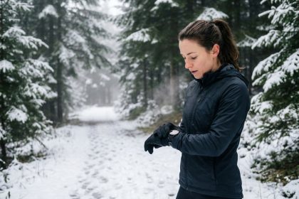 Jeune femme en course hiver vérifiant sa montre sportive