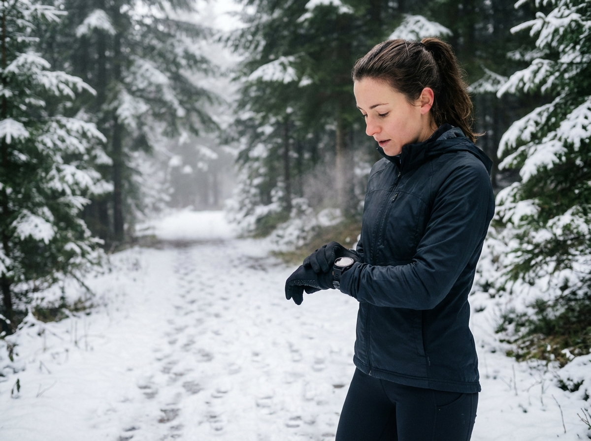 Jeune femme en course hiver vérifiant sa montre sportive